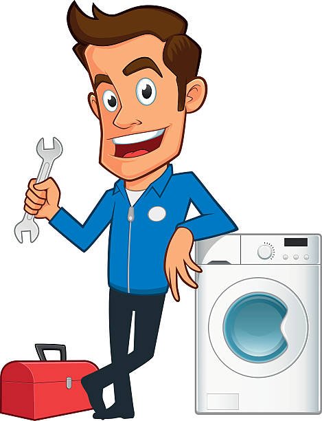 appliance repair expert, he has a toolbox and a washing machine